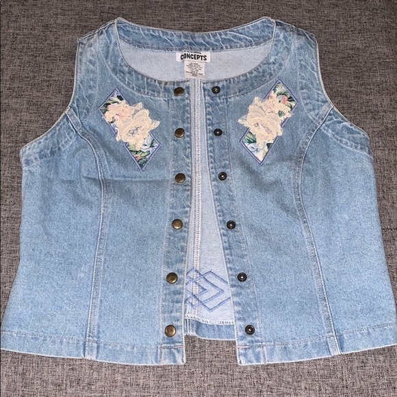 Vintage 90s Appliqué  Light Blue Jean Vest By California Concepts Size Large - Picture 1 of 10